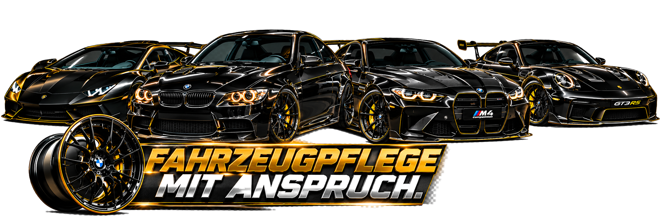 Vier schwarze Sportwagen mit Premiumfelge und Schriftzug Fahrzeugpflege mit Anspruch